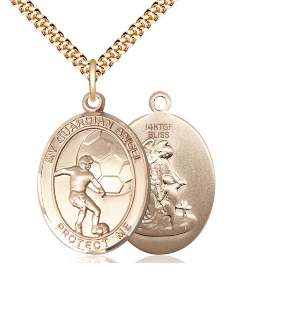 Bliss Large Guardian Angel Soccer Gold-filled Oval Engravable Medal Necklace with Plated Chain,