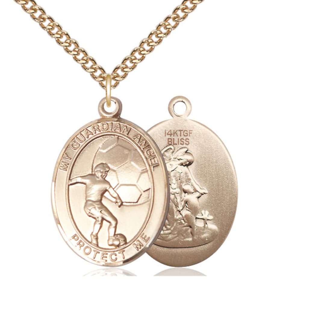 Bliss Large Guardian Angel Soccer Gold-filled Oval Engravable Medal Necklace with Gold-filled Chain,