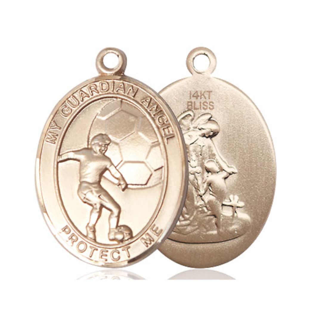 large bliss manufacturing guardian angel soccer 14kt gold oval medal,