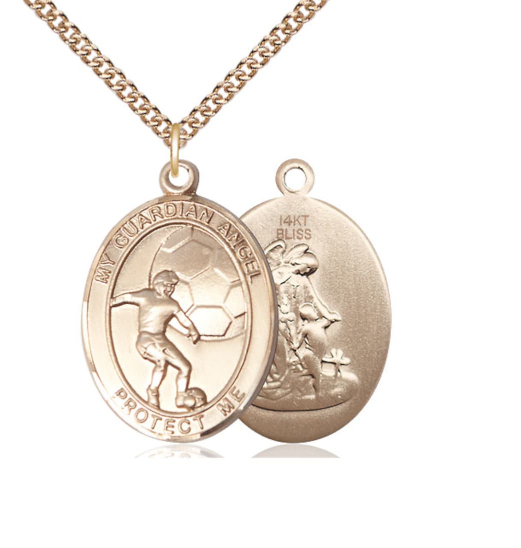 large bliss manufacturing guardian angel soccer 14kt gold oval medal with 14kt gold chin,