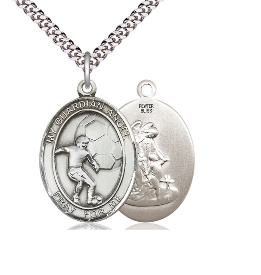 7703PW Large Bliss Guardian Angel Soccer Pewter Oval Engravable Medal Necklace,