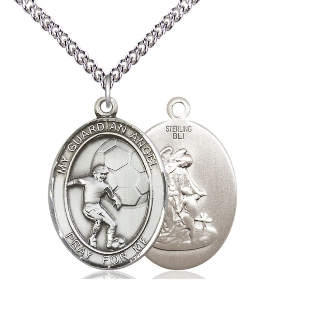 Large Bliss Guardian Angel Soccer Sterling Silver Oval Medal Necklace with Sterling Chain,