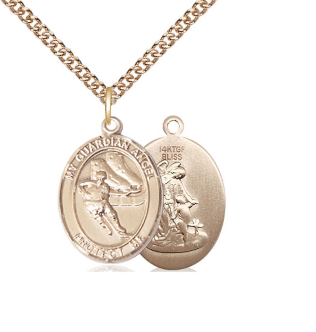 Bliss Guardian Angel Ice Hockey Gold-filled Oval Engravable Large Medal Necklace with Plated Chain,
