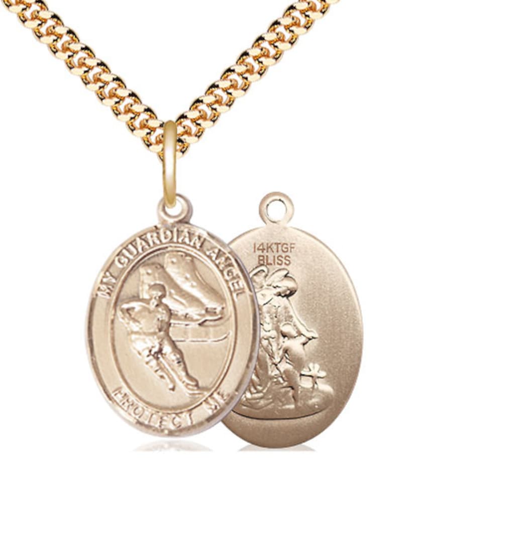 Bliss Guardian Angel Ice Hockey Gold-filled Oval Engravable Large Medal Necklace with Gold-filled Chain,