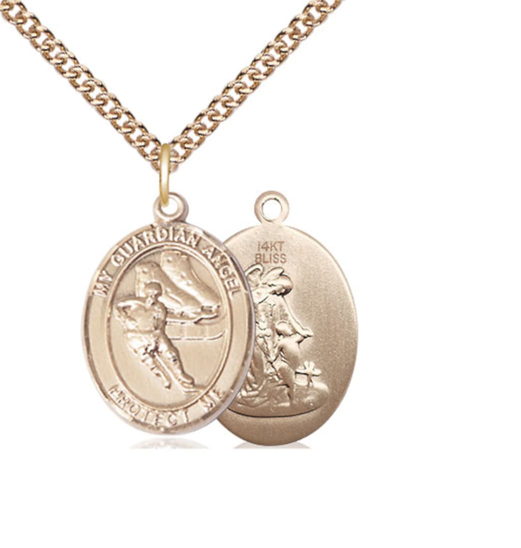 Bliss Manufacturing Guardian Angel Ice Hockey 14kt Gold Oval Large Medal with 14kt Chain,