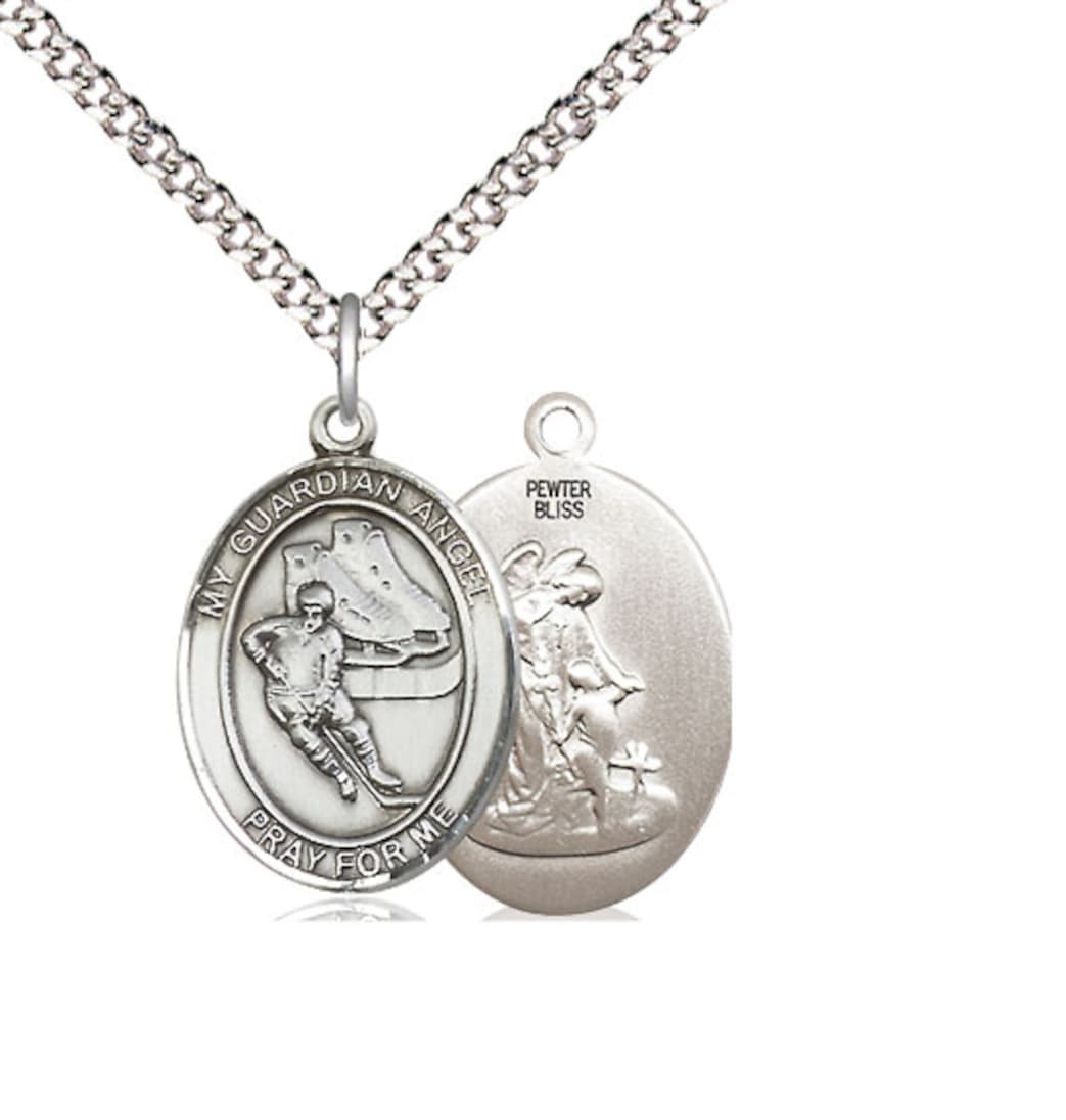 Bliss Large Guardian Angel Ice Hockey Pewter Oval Engravable Medal Necklace,