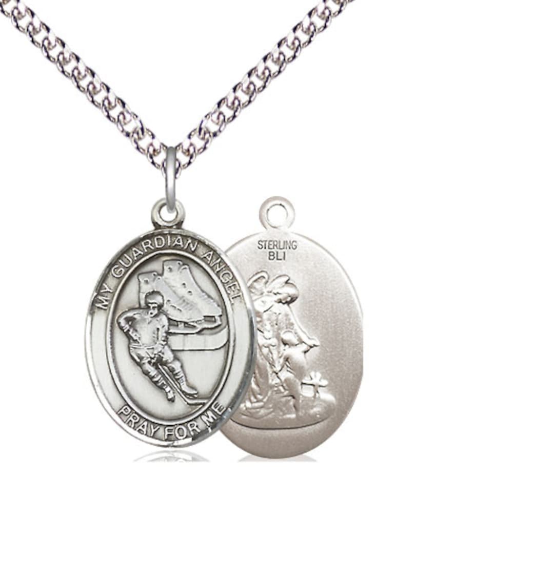 Large Bliss Guardian Angel Ice Hockey Sterling Silver Oval Medal Necklace with Sterling Silver Chain,