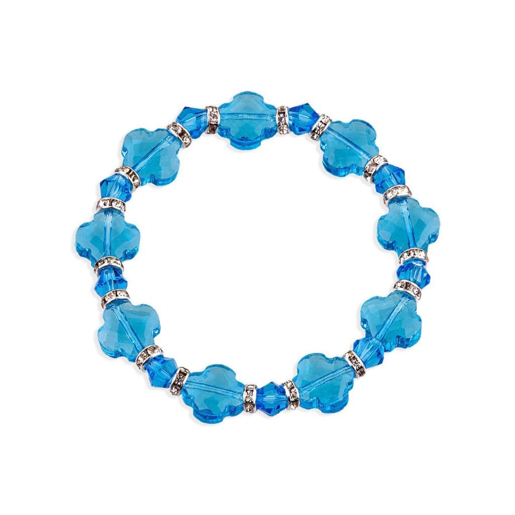 HMH Religious 12mm Aqua Cross Clover Glass and Bicone Bead Stretch Bracelet with Rhinestone Accents