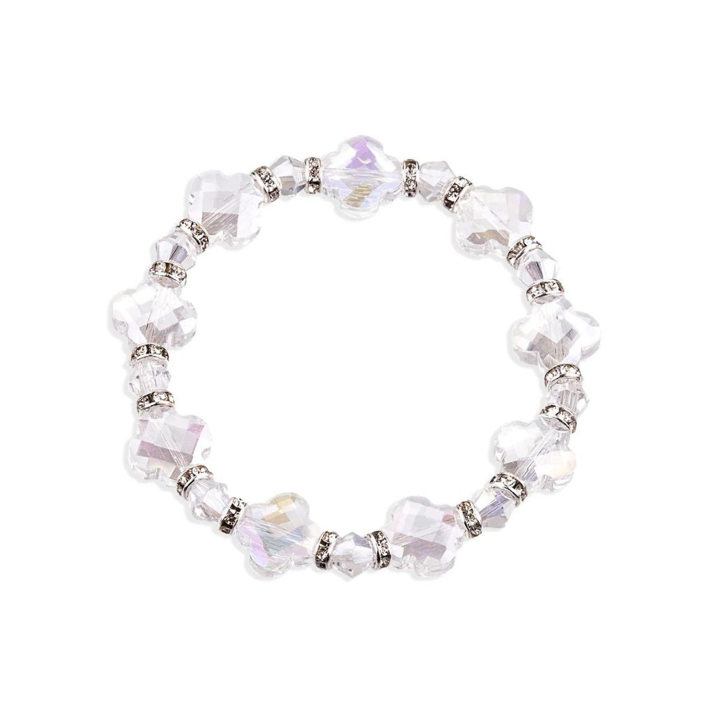 HMH Religious 12mm Crystal Cross Clover Glass and Bicone Bead Stretch Bracelet with Rhinestone Accents