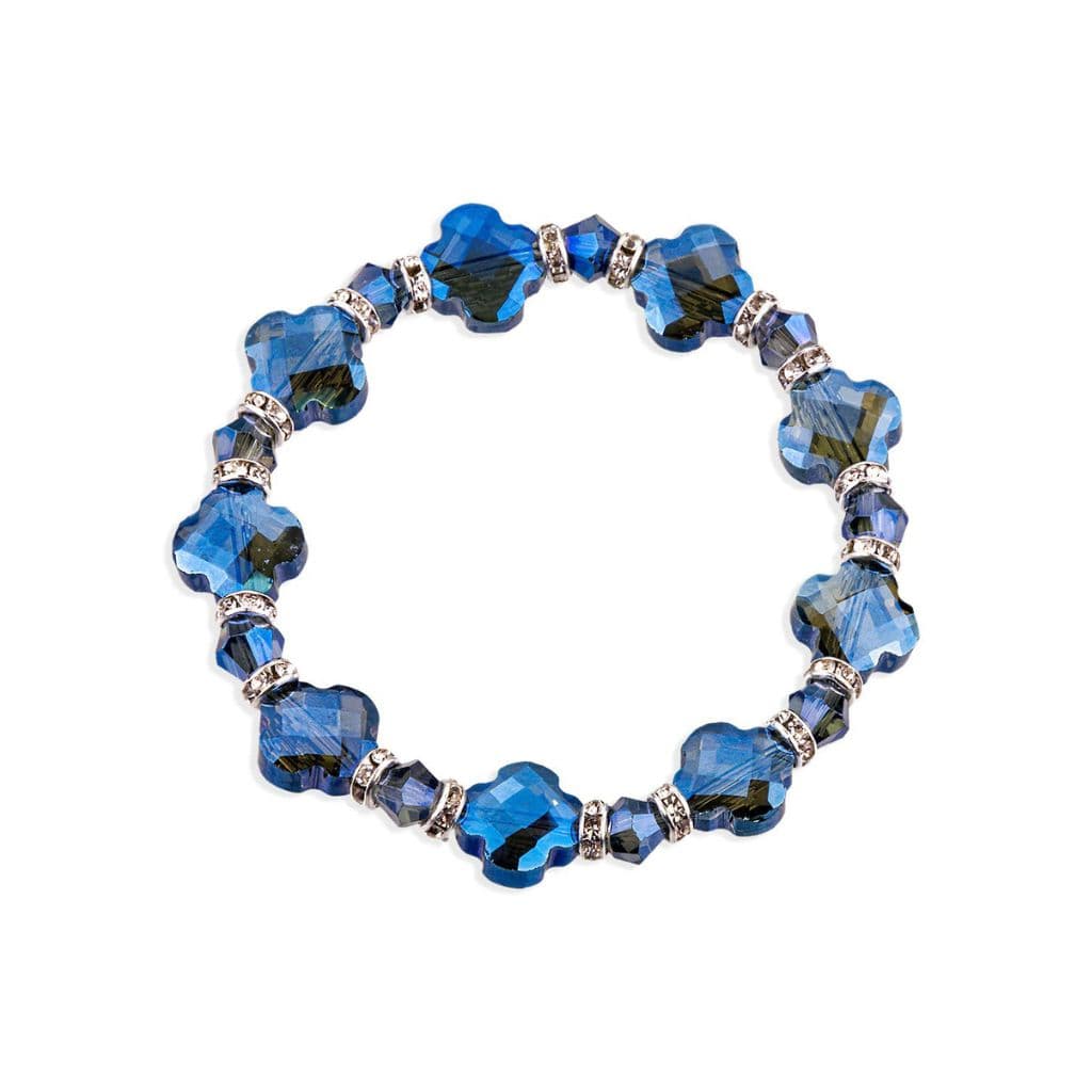 MH Religious 12mm Midnight Blue Cross Clover Glass and Bicone Bead Stretch Bracelet with Rhinestone Accents