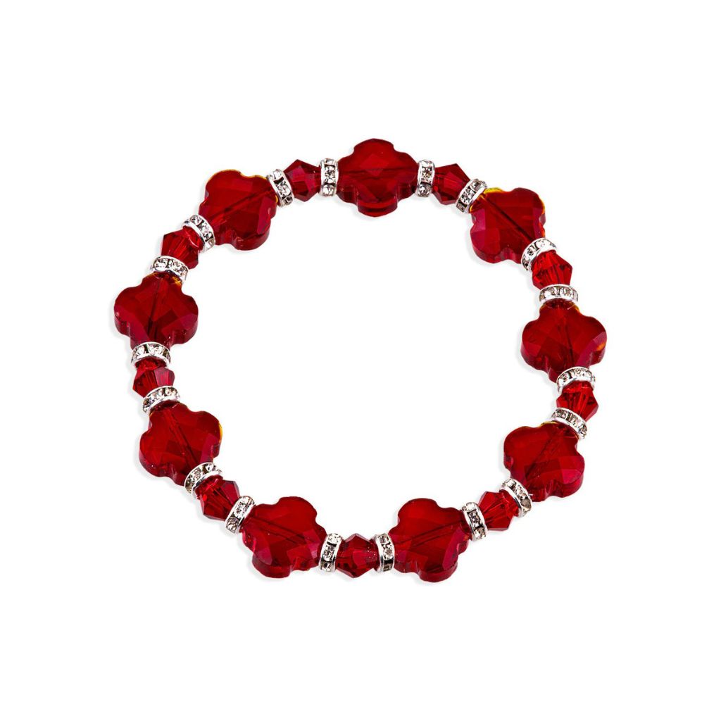 HMH Religious 12mm Ruby Cross Clover Glass and Bicone Bead Stretch Bracelet with Rhinestone Accents