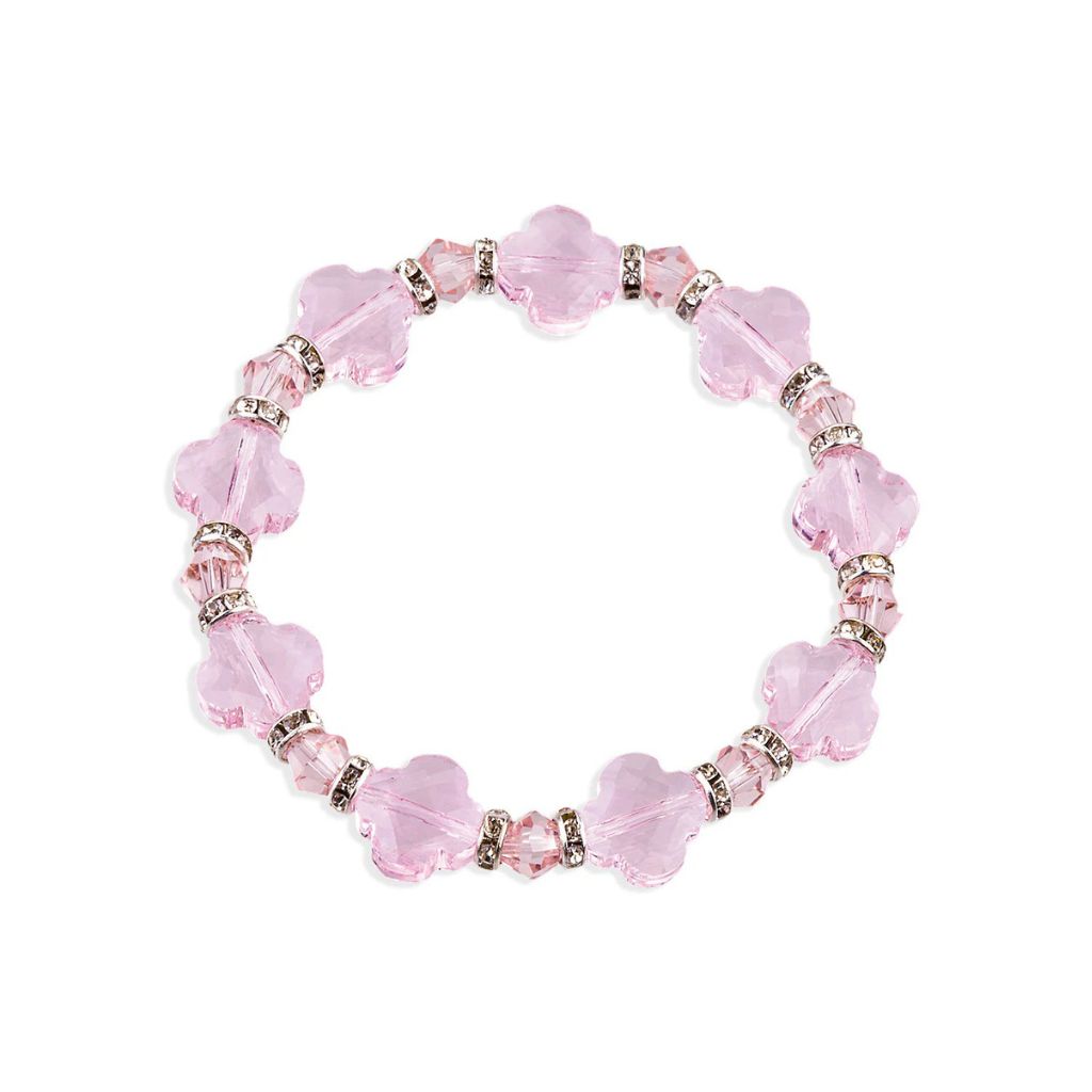 HMH Religious 12mm Rose Cross Clover Glass and Bicone Bead Stretch Bracelet with Rhinestone Accents