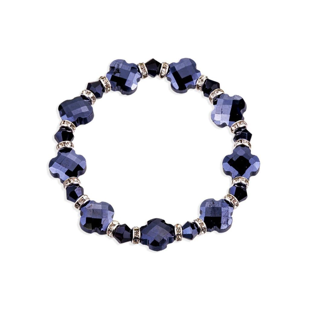HMH Religious 12mm Vitrol Black Cross Clover Glass and Bicone Bead Stretch Bracelet with Rhinestone Accents