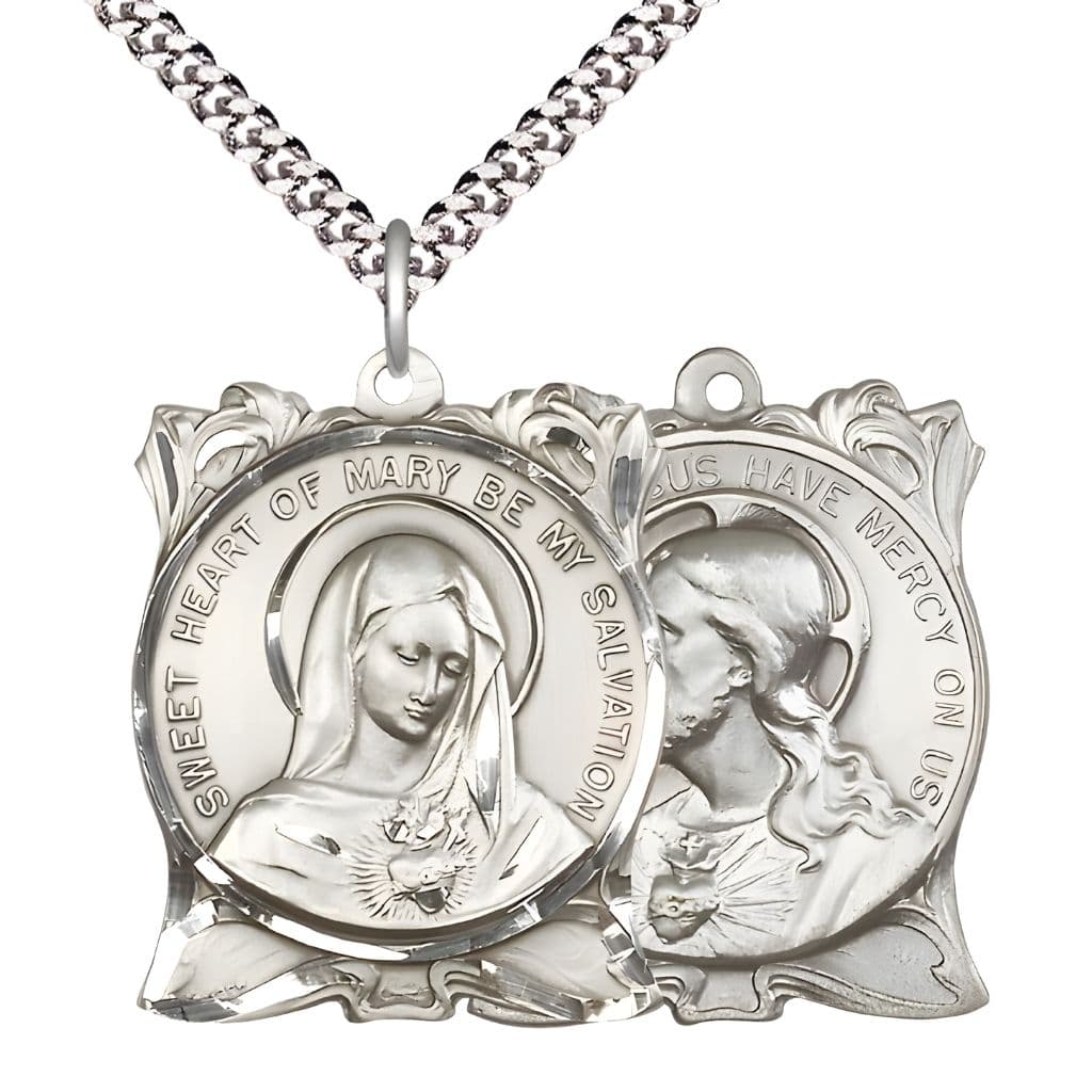 Bliss Immaculate Heart of Mary and the Sacred Heart of Jesus Sterling Silver Medal with 24-inch rhodium-plated heavy curb endless chain, Measures 1 1/8-inch tall by 1 3/8-inch wide. Made in USA with gift box.
