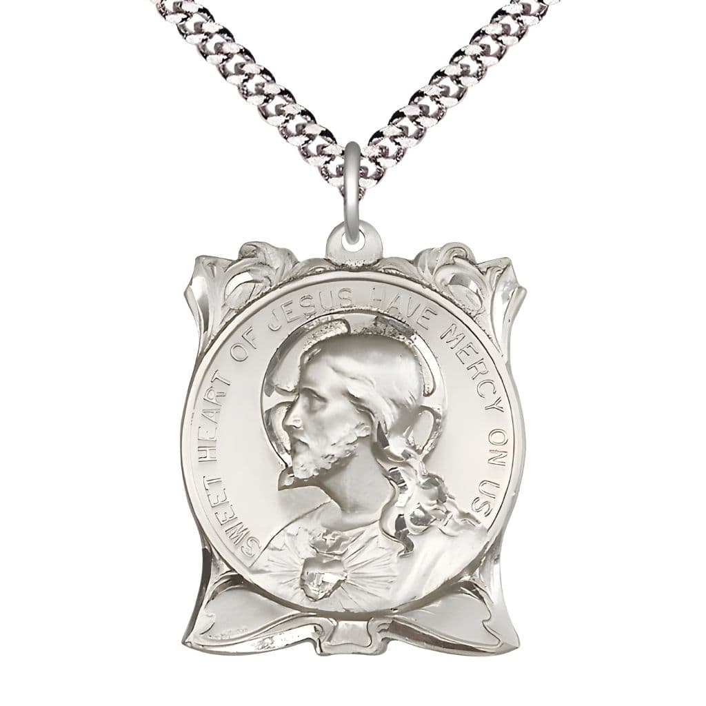 Bliss Sacred Heart of Jesus on back Sterling Silver Medal with Rhodium-Plated Chain,  Measures 1-inch tall by 1 1/4-inch wide.