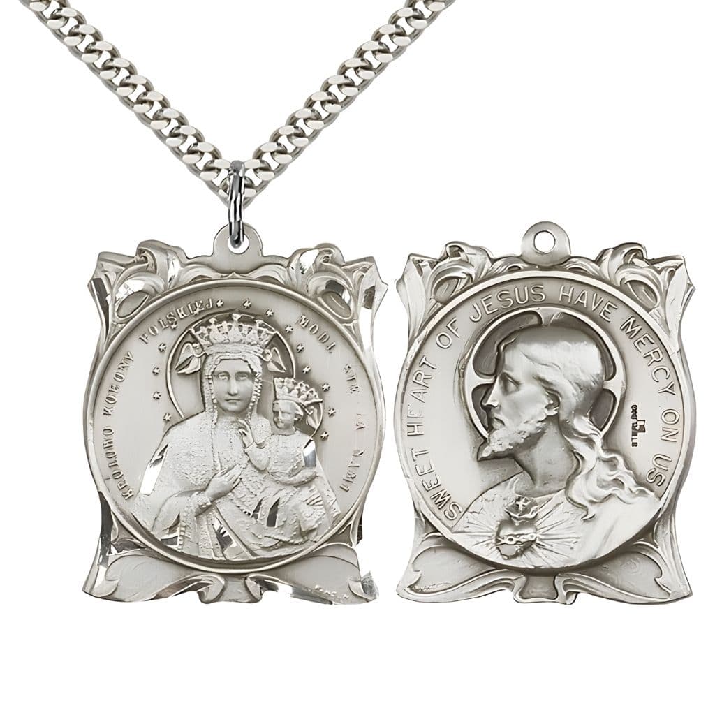 Bliss Sacred Heart of Jesus and the Our Lady of Czestochowa Sterling Silver Medal with Rhodium-Plated Chain,  Measures 1-inch tall by 1 1/4-inch wide.