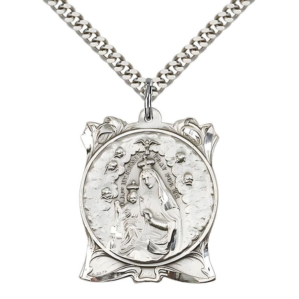 Bliss Our Lady of Mount Carmel and Sacred Heart of Jesus on back Sterling Silver Medal with Rhodium-Plated Chain,  Measures 1-inch tall by 1 1/4-inch wide.