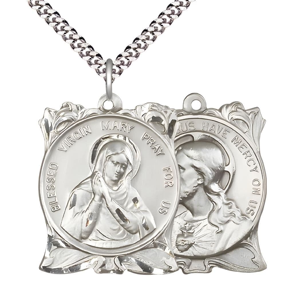 Bliss Sacred Heart of Jesus and the Blessed Virgin Sterling Silver Medal with Rhodium-Plated Chain,  Measures 1-inch tall by 1 1/4-inch wide.