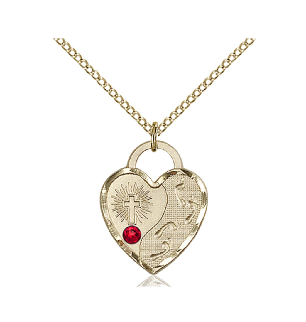 July Ruby Birthstone Gold-filled Footprints Heart Pendant w/Austrian Crystal