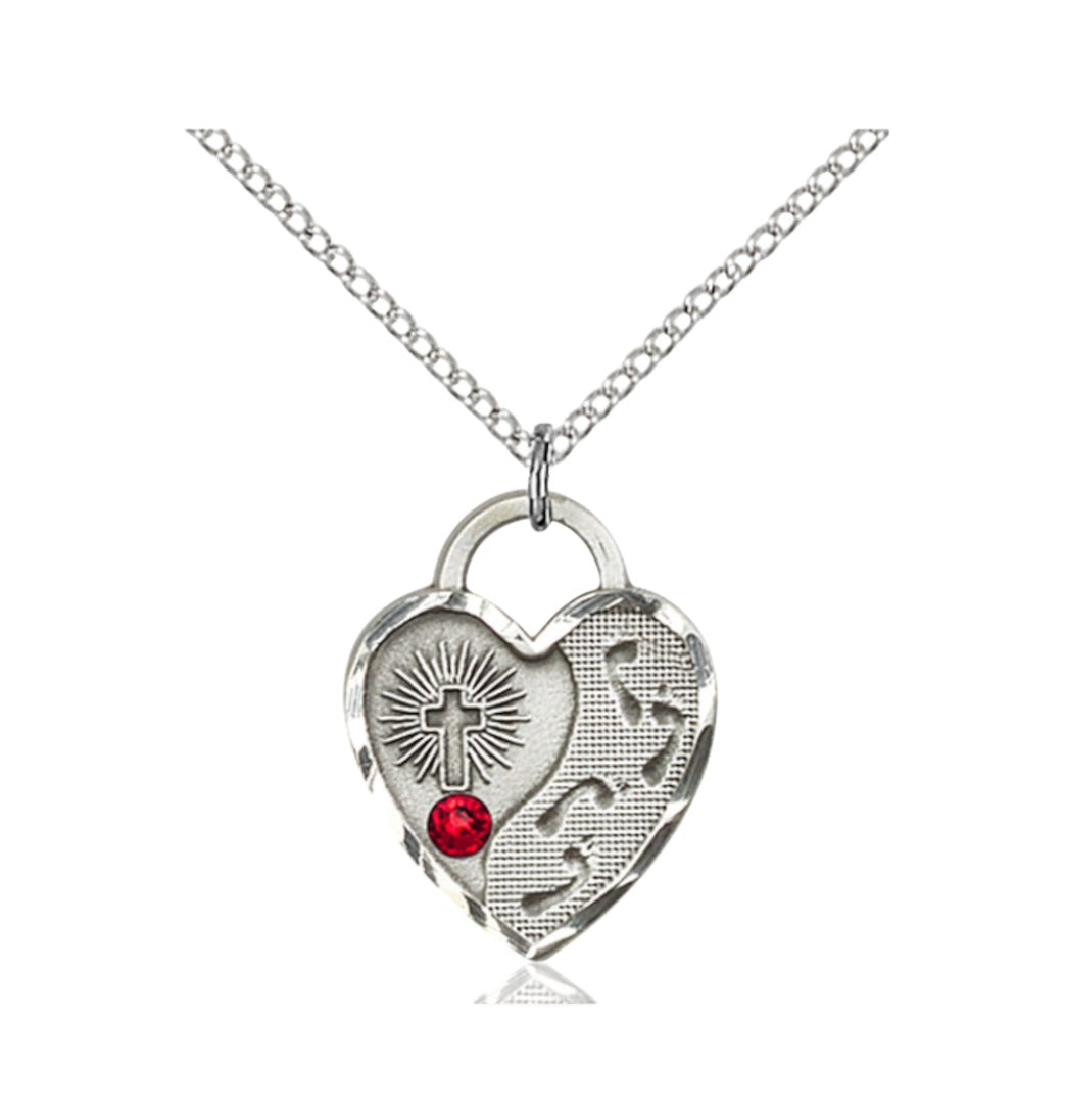 Jul Ruby  Birthstone Sterling Silver Footprints Heart Pendant w/Austrian Crystal