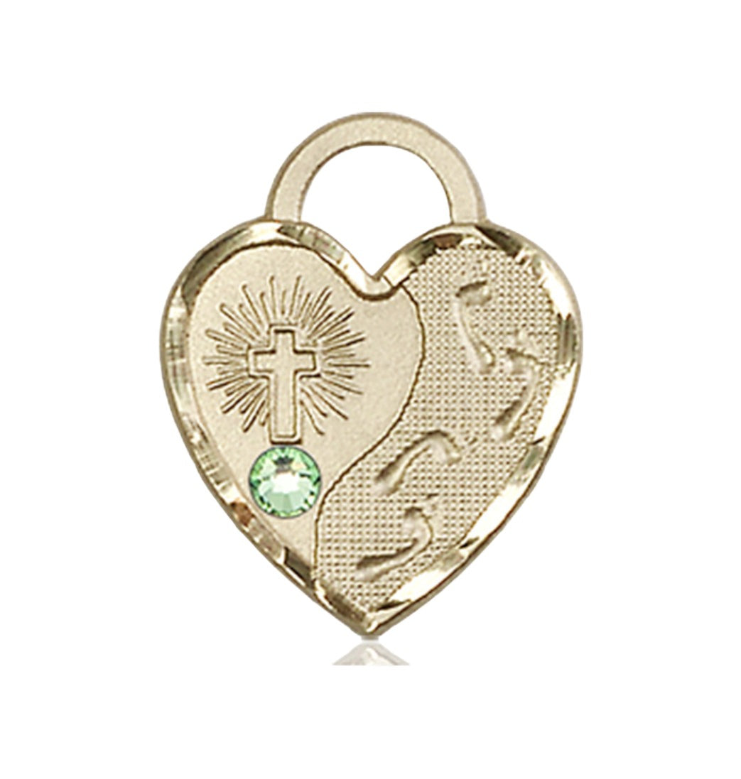 Peridot Birthstone 14kt Gold Footprints Heart Pendant w/Austrian Crystal