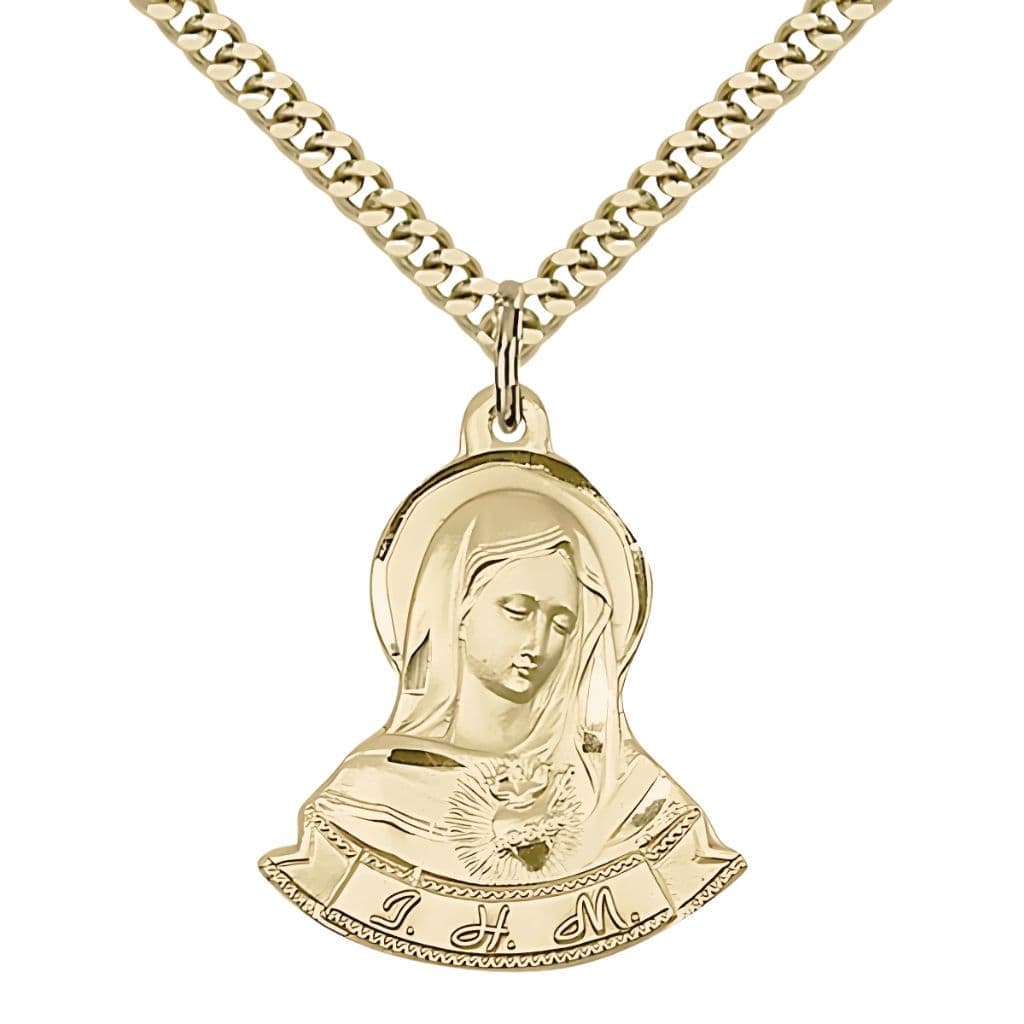 Bliss Immaculate Heart of Mary 14kt Gold-filled Pendant Medal with 24" Gold-plated Chain, 7/8-inch tall by 1 1/8-inch wide.