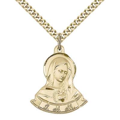 Immaculate Heart of Mary 14kt Gold-filled Pendant Medal with 24" Gold-plated Chain, 7/8-inch tall by 1 1/8-inch wide, Bliss Manufacturing