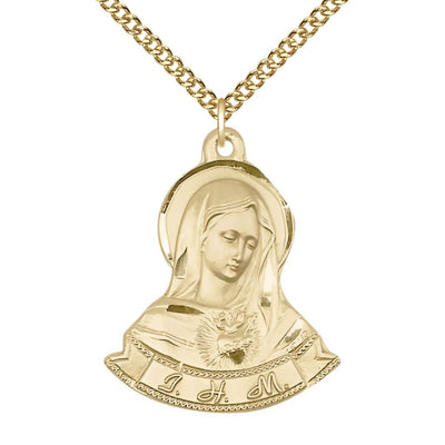 Immaculate Heart of Mary 14kt Gold-filled Pendant Medal with 24" Gold-filled Chain, 7/8-inch tall by 1 1/8-inch wide, Bliss Manufacturing