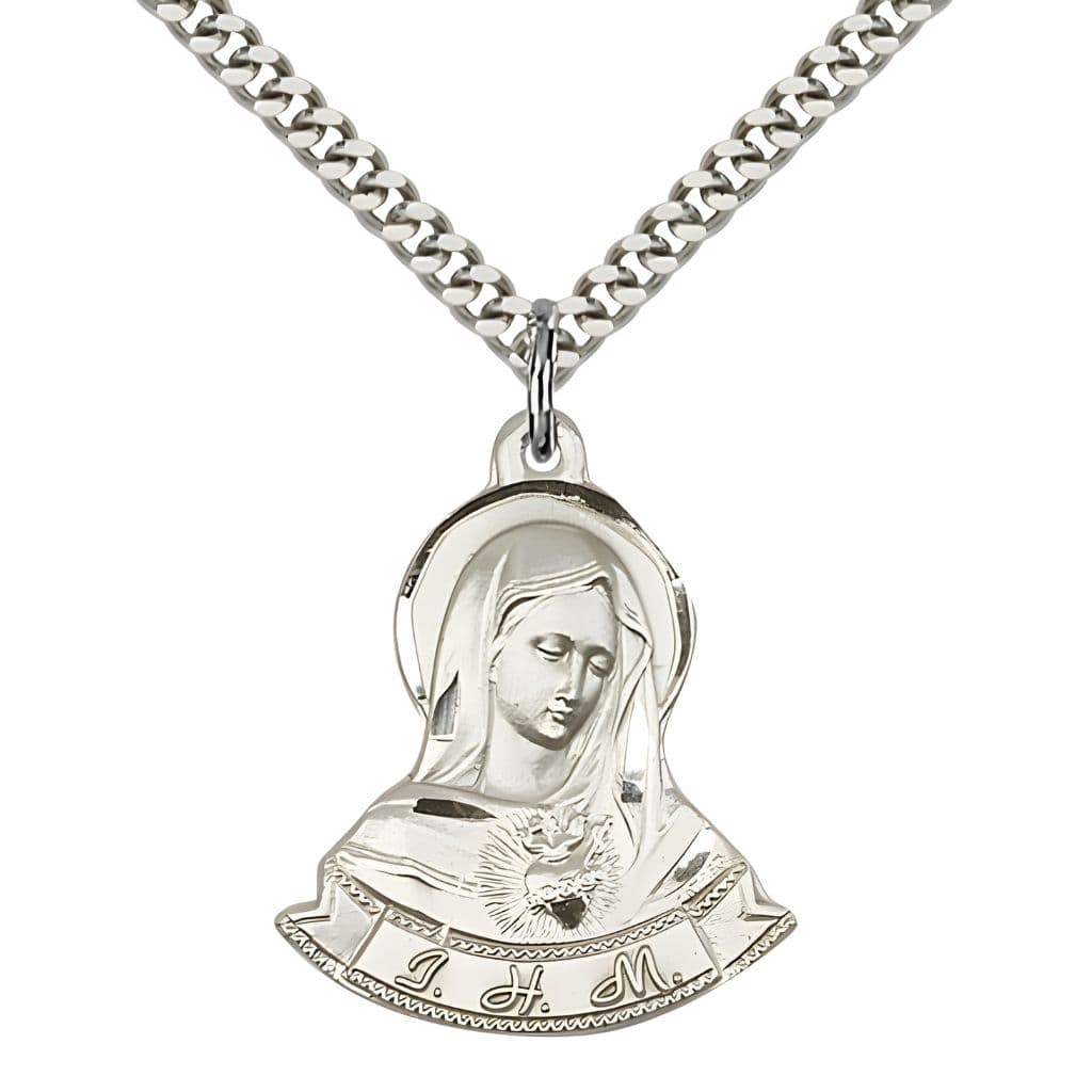 Bliss Immaculate Heart of Mary Sterling Silver Pendant Medal with 24" Rhodium-plated Chain, 7/8-inch tall by 1 1/8-inch wide.