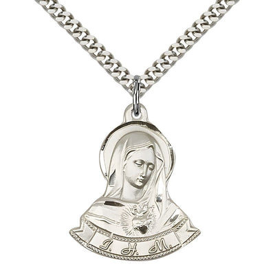 Immaculate Heart of Mary Sterling Silver Pendant Medal with 24" Rhodium-plated Chain, 7/8-inch tall by 1 1/8-inch wide, Bliss Manufacturing