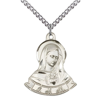 Immaculate Heart of Mary Sterling Silver Pendant Medal with 24" Sterling Silver Chain, 7/8-inch tall by 1 1/8-inch wide, Bliss Manufacturing
