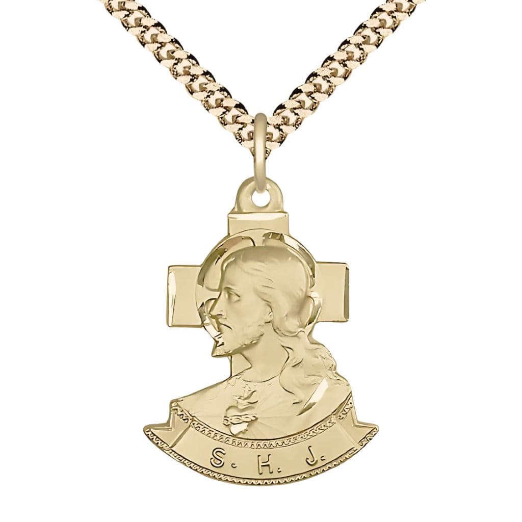 Bliss Sacred Heart of Jesus 14kt Gold-filled Pendant Medal with 24" Gold-plated Chain, 7/8-inch tall by 1 1/8-inch wide.