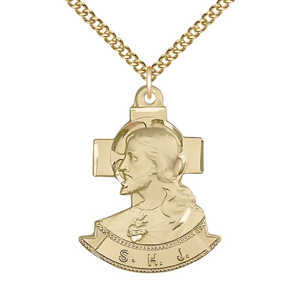 Bliss Sacred Heart of Jesus 14kt Gold-filled Pendant Medal with 24" Gold-filled Chain, 7/8-inch tall by 1 1/8-inch wide.