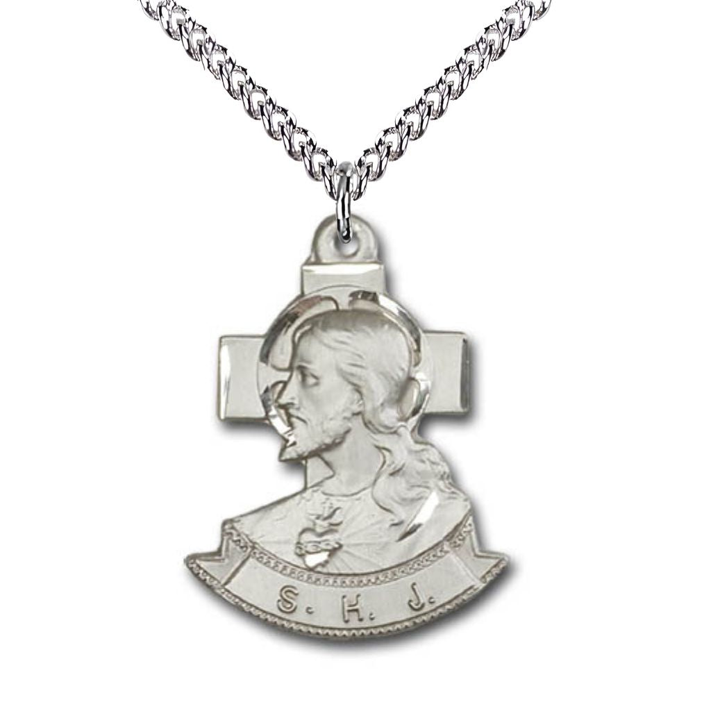 Bliss Sacred Heart of Jesus Sterling Silver Pendant Medal with 24" Sterling Silver Chain, 7/8-inch tall by 1 1/8-inch wide.
