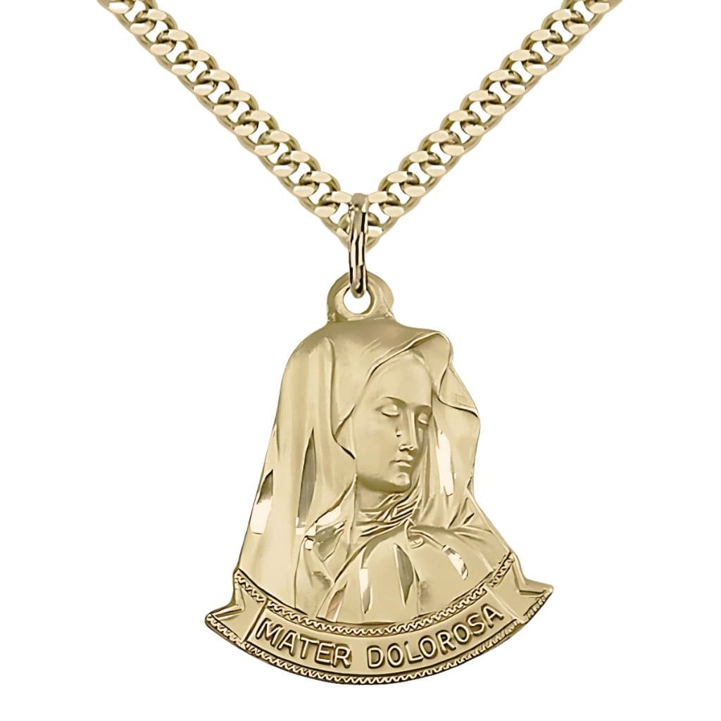 Bliss Mater Dolorosa | Our Lady of Sorrows 14kt Gold-filled Pendant Medal with 24" Gold-plated Chain, 7/8-inch tall by 1 1/8-inch wide.