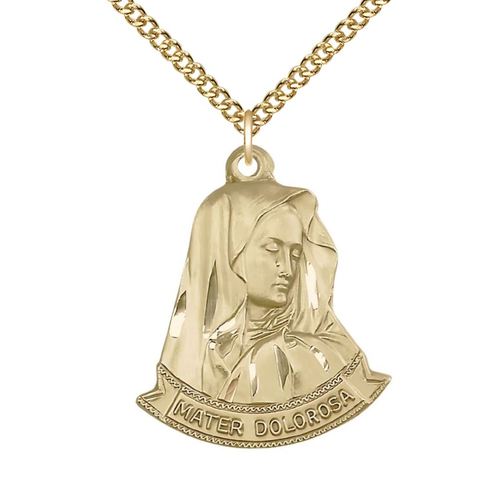 Bliss Mater Dolorosa | Our Lady of Sorrows 14kt Gold Pendant Medal with 24" 14kt Gold Chain, 7/8-inch tall by 1 1/8-inch wide.