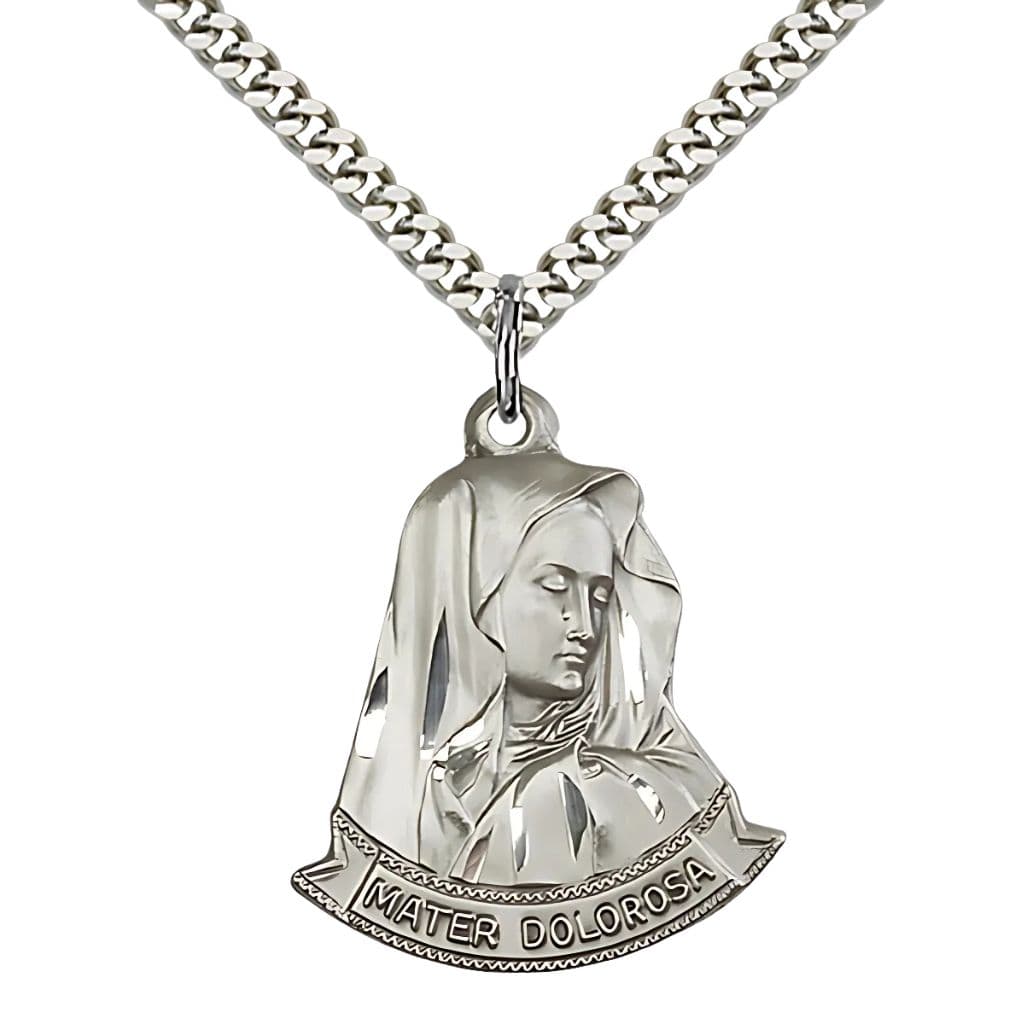 Bliss Mater Dolorosa | Our Lady of Sorrows Sterling Silver Pendant Medal with 24" Rhodium-plated Chain, 7/8-inch tall by 1 1/8-inch wide.