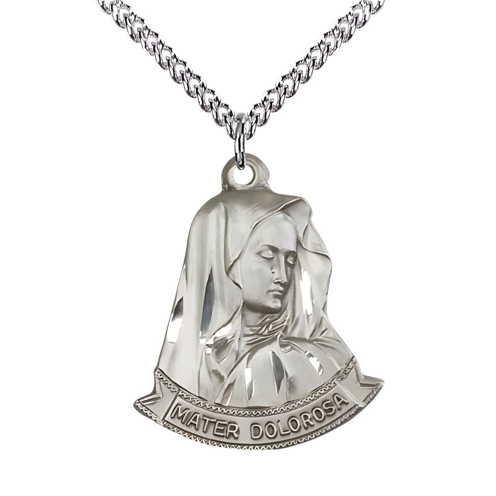 Bliss Mater Dolorosa | Our Lady of Sorrows Sterling Silver Pendant Medal with 24" Sterling Silver Chain, 7/8-inch tall by 1 1/8-inch wide.