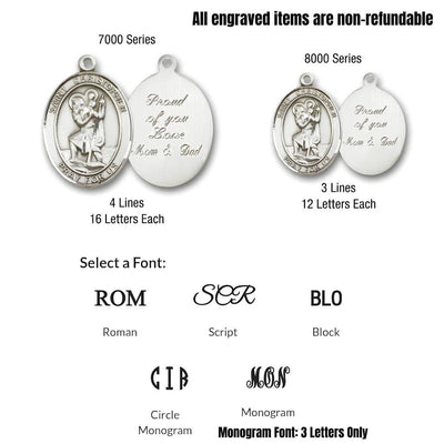 Side-by-side comparison of two medal engraving sizes. The 7000 Series allows 4 lines with up to 16 letters each; the 8000 Series allows 3 lines with up to 12 letters each. Five engraving font styles are available: Roman, Script, Block, Circle Monogram, and Monogram (3 letters only).