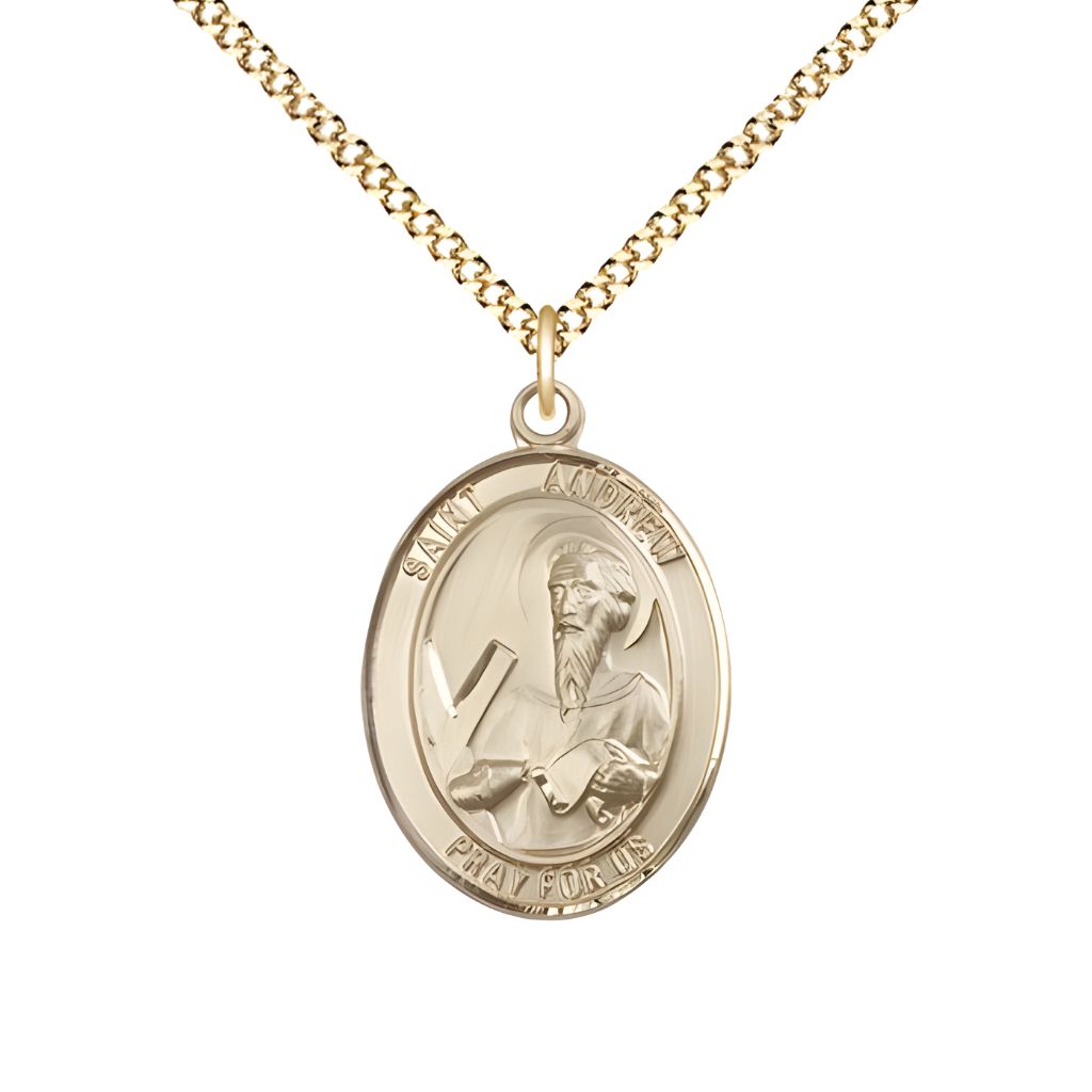 Medium St. Andrew the Apostle Gold-filled Oval Engravable Medal with Gold-plated Chain