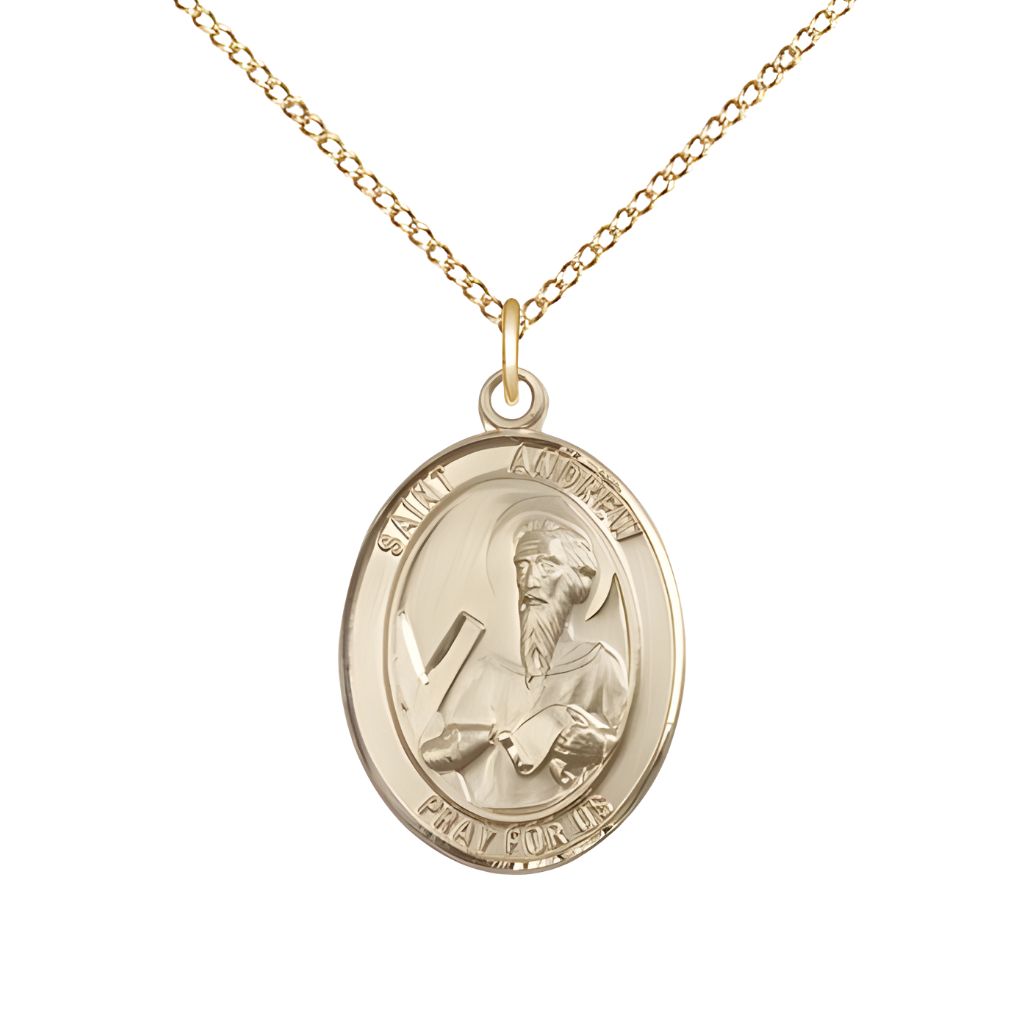 Medium St. Andrew the Apostle 14kt Gold Oval Engravable Medal Pendant with Chain