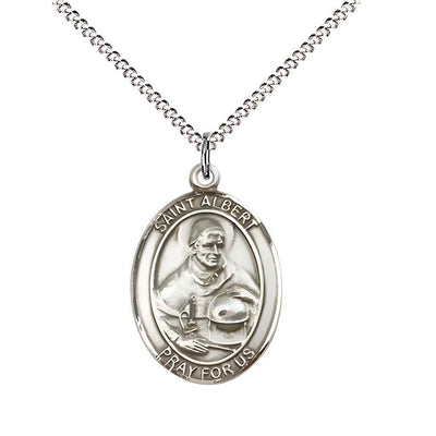 Medium Saint Albert the Great Pewter Oval Medal Pendant with Rhodium-plated Curb Chain with Deluxe Gift Box | Bliss Manufacturing