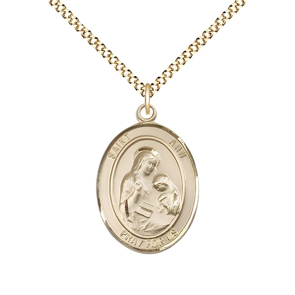 Bliss St. Ann 14kt Gold-filled Oval Medal Pendant with Gold-plated Chain, Measures 3/4-inch tall by 1/2-inch wide. Deluxe Gift Box.