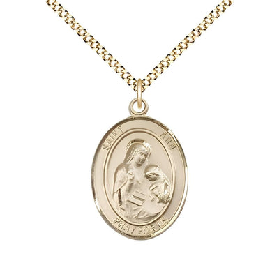 St. Ann 14kt Gold-filled Oval Medal Pendant with Gold-plated Chain, Measures 3/4-inch tall by 1/2-inch wide. Deluxe Gift Box, Bliss Manufacturing