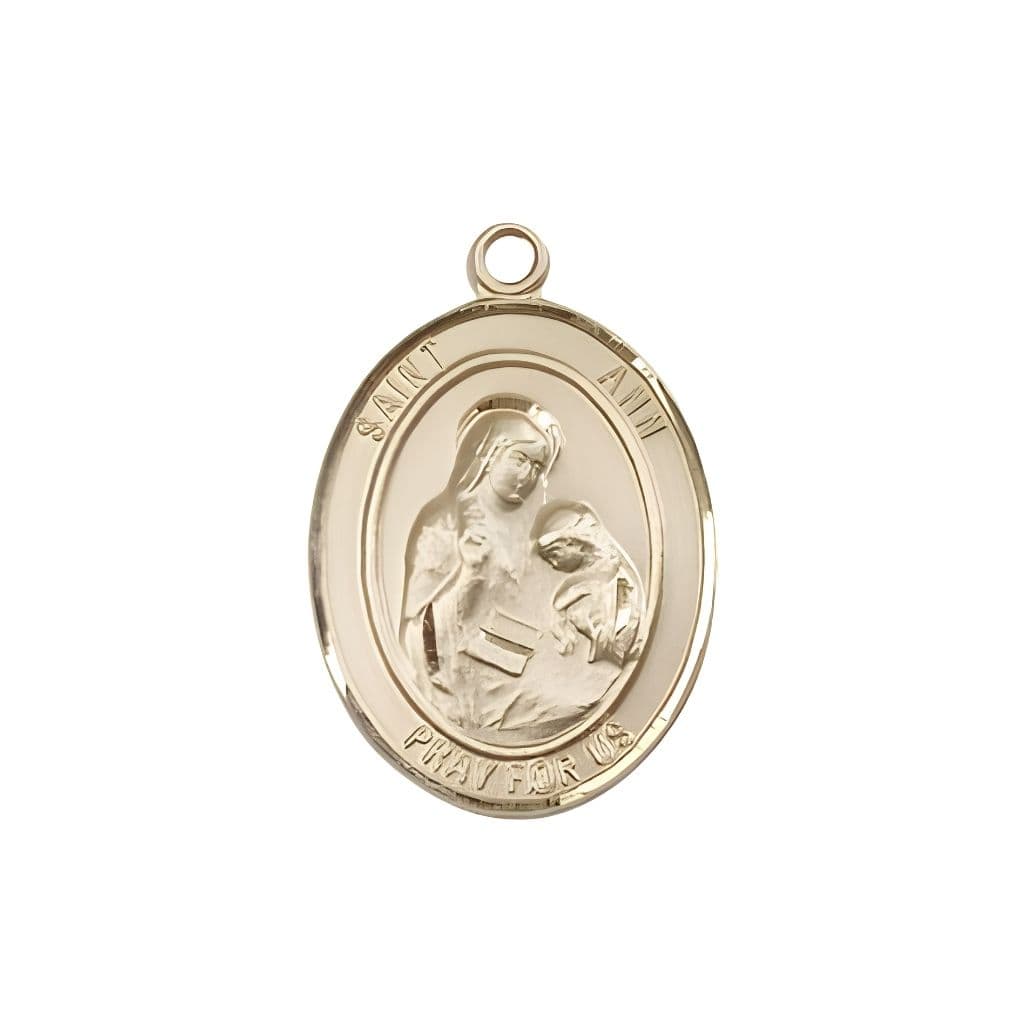 Bliss St. Ann 14kt Gold Oval Medal Pendant, Measures 3/4-inch tall by 1/2-inch wide. Deluxe Gift Box.