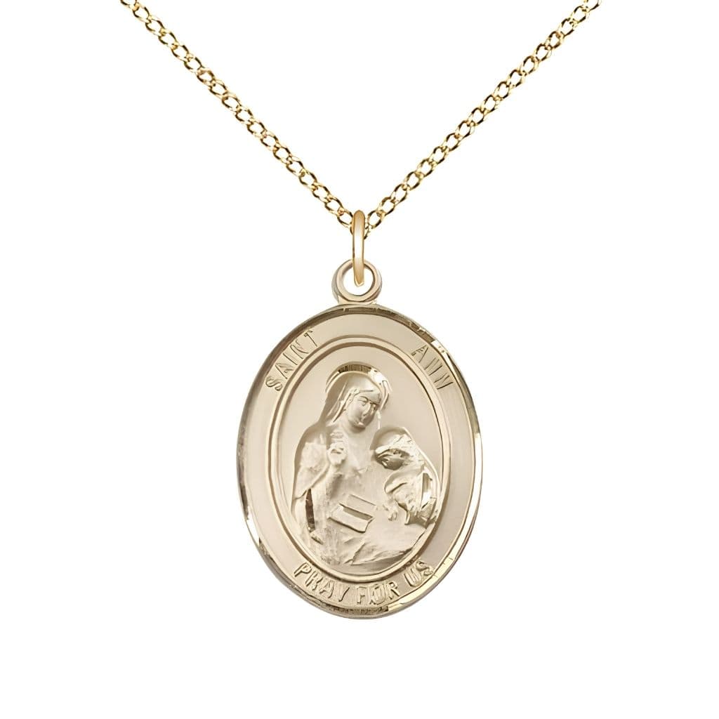 Bliss St. Ann 14kt Gold Oval Medal Pendant with 14kt Gold Chain, Measures 3/4-inch tall by 1/2-inch wide. Deluxe Gift Box.