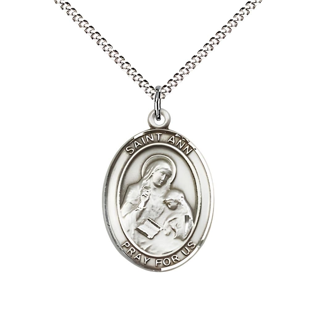 Bliss St. Ann Sterling Silver Oval Medal Pendant with Rhodium-plated Chain, Measures 3/4-inch tall by 1/2-inch wide. Deluxe Gift Box.
