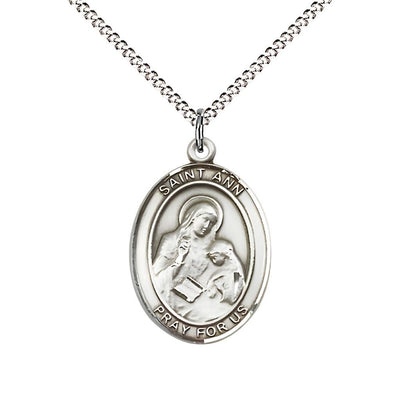 St. Ann Sterling Silver Oval Medal Pendant with Rhodium-plated Chain, Measures 3/4-inch tall by 1/2-inch wide. Deluxe Gift Box, Bliss Manufacturing