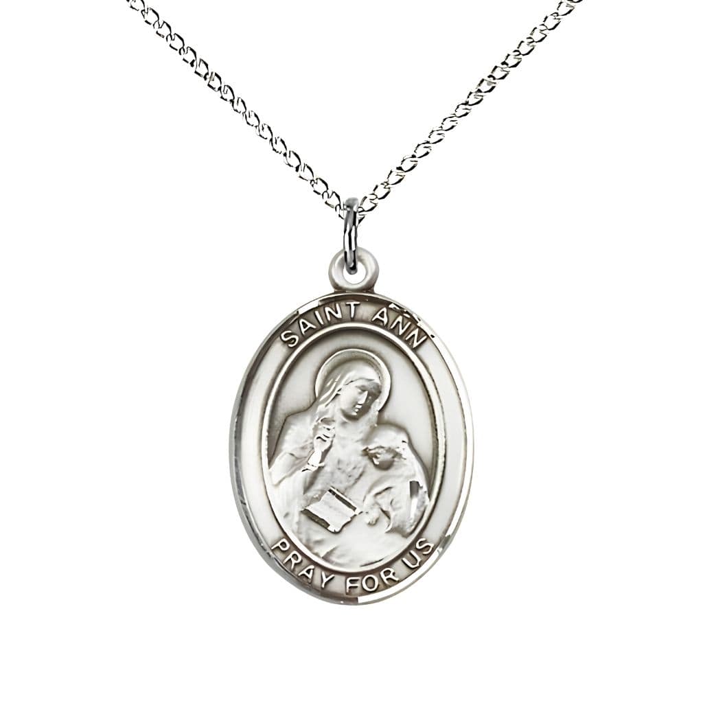 Bliss St. Ann Sterling Silver Oval Medal Pendant with Sterling Chain, Measures 3/4-inch tall by 1/2-inch wide. Deluxe Gift Box.