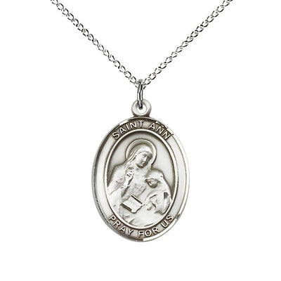 St. Ann Sterling Silver Oval Medal Pendant with Sterling Chain, Measures 3/4-inch tall by 1/2-inch wide. Deluxe Gift Box, Bliss Manufacturing